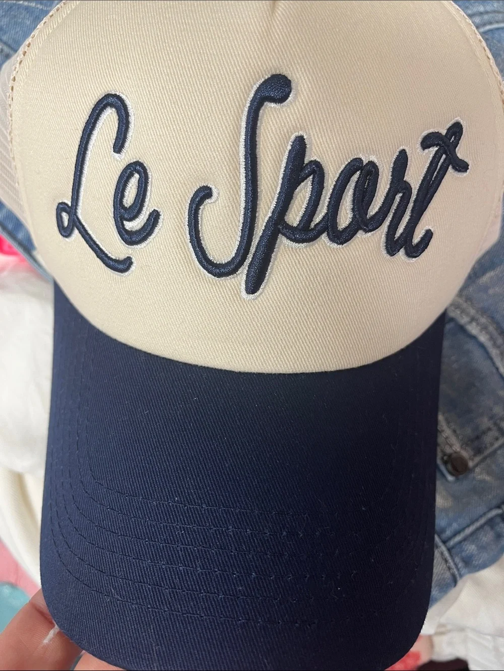 Anthropologie Worn West Le Sport Script Trucker Hat - Cream and Navy New